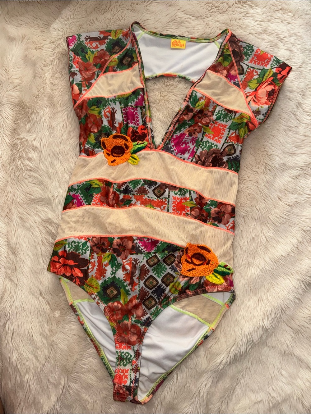 Floral Mesh Panel One-Piece Swimsuit with Embroidered Flowers